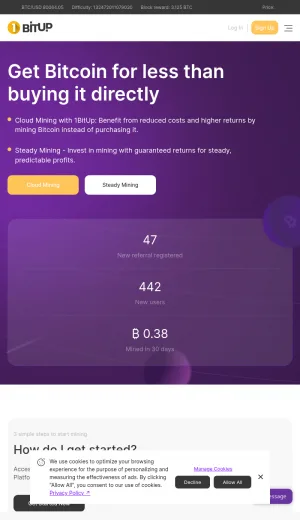 1BitUp Cloud Bitcoin Mining and Hashpower Contracts screenshot