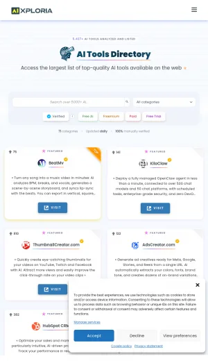 AIxploria AI Tools Directory and Rankings screenshot