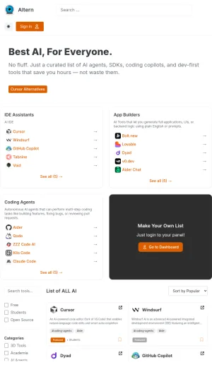 Altern AI Tools Directory for Developers and Productivity screenshot