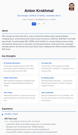 Anton Krokhmal SEO and AI Automation Portfolio screenshot