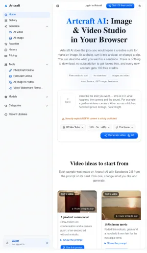Artcraft AI Browser-Based Image and Video Studio screenshot