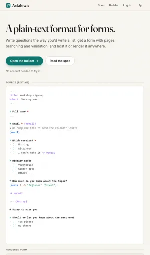 Askdown Plain-Text Form Specification and Builder screenshot