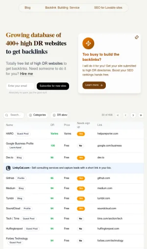 High Authority Backlink Sites Database and Submission Service screenshot