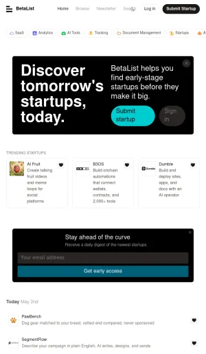 BetaList Startup Directory for Early-Stage Internet Companies screenshot