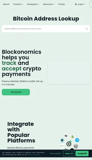Blockonomics Bitcoin Address Lookup and Crypto Payment Tools screenshot