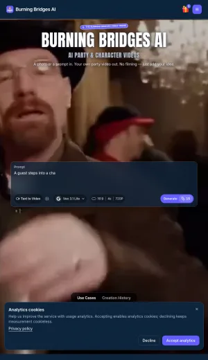 Burning Bridges AI Party Video Generator screenshot