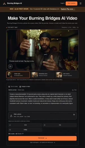 Burning Bridges AI Party Video Generator screenshot
