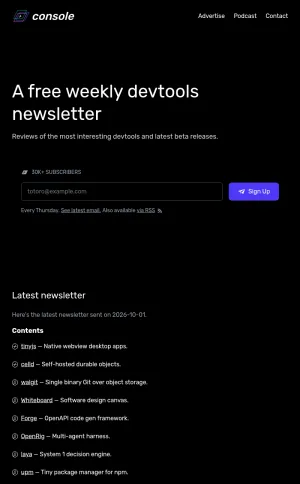 Console Dev Weekly Newsletter for Developer Tools and Beta Releases screenshot