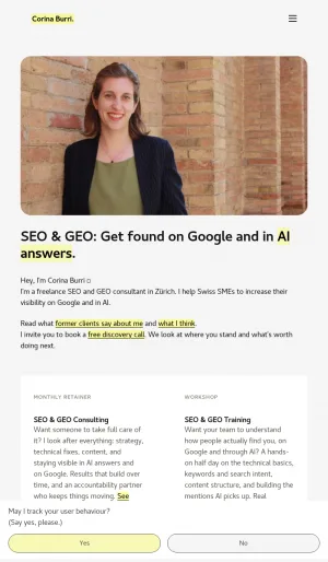 Corina Burri SEO and GEO Consulting in Zurich screenshot