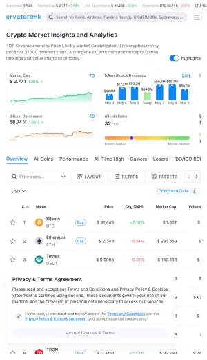 CryptoRank Cryptocurrency Market Analytics and Token Data screenshot