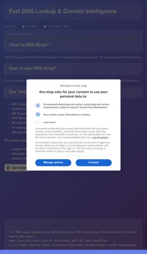 DNS Ninja DNS Lookup and Domain Intelligence Tools screenshot