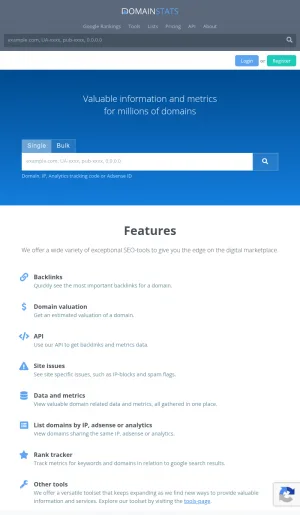 DomainStats SEO Analytics and Backlink Intelligence screenshot