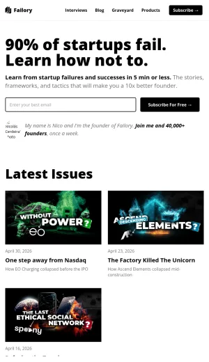 Failory Startup Lessons and Founder Advice Newsletter screenshot
