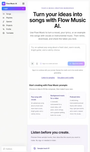 Flow Music AI Generator for Songs, Vocals, and Stem Splitting screenshot