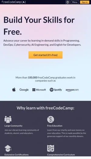 freeCodeCamp Programming and Web Development Learning Platform screenshot
