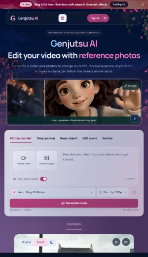Genjutsu AI Video Editing and Motion Transfer Tools screenshot
