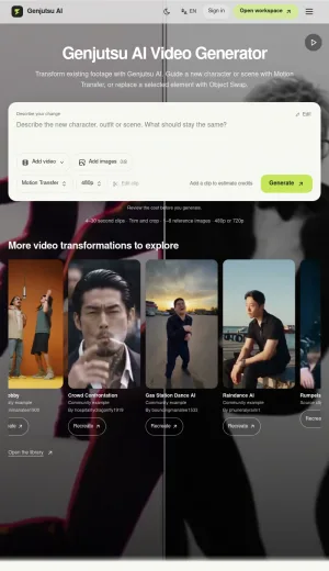 Genjutsu AI Video Transformation Workspace screenshot