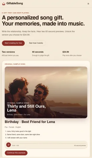 Personalized Song Gift Service for Custom Memory-Based Songs screenshot