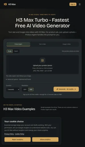 H3 Max Turbo AI Video Generator for Product Ads screenshot