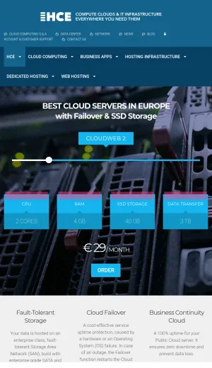 HCE European Cloud Hosting and Dedicated Servers screenshot