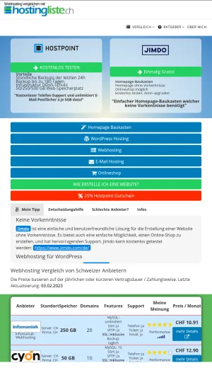 Swiss Web Hosting Comparison and Advice screenshot