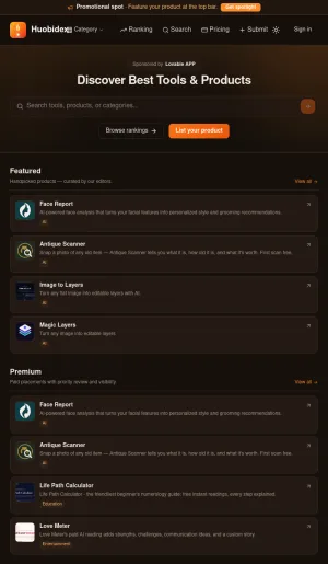 Huobidex Curated Tools and Products Directory screenshot