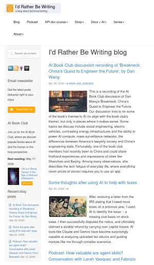I'd Rather Be Writing: Technical Writing and API Documentation Blog screenshot
