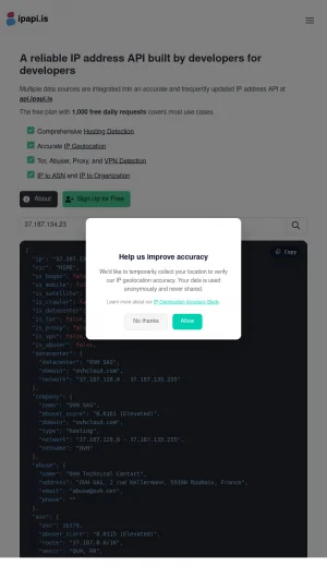 IP Address Data API for Cybersecurity Intelligence screenshot