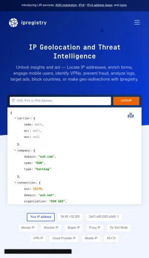 Ipregistry IP Geolocation and Threat Intelligence API screenshot