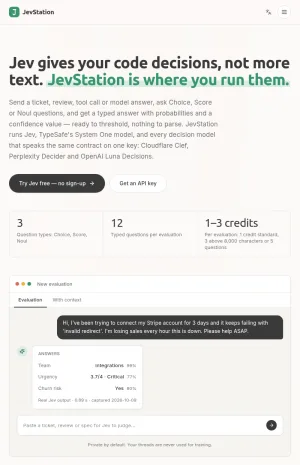 JevStation Typed Decision Evaluation Tools for AI Workflows screenshot