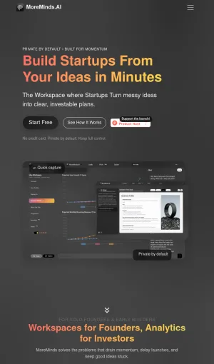 MoreMinds Startup Idea Validation and Planning Workspace screenshot