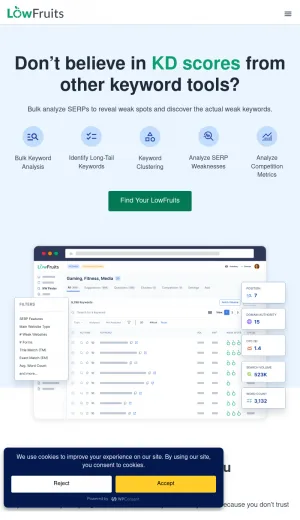 LowFruits Keyword Research and SERP Analysis Tool screenshot