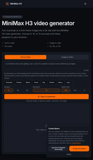 MiniMax H3 AI Video Generator for Text and Image to Video screenshot