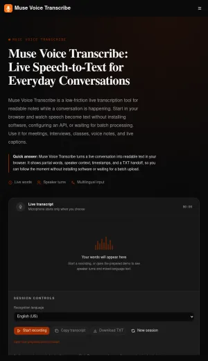 Muse Voice Transcribe Live Speech to Text Tool screenshot