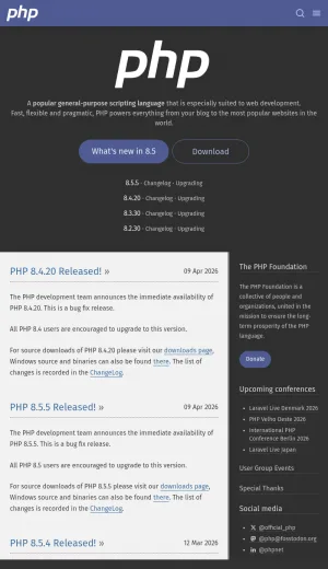 PHP Programming Language Releases and Documentation screenshot