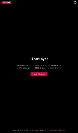 PicoPlayer Browser Game Player for Curated PICO-8 Games screenshot