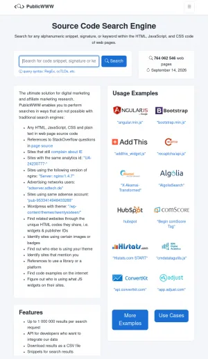 PublicWWW Source Code Search Engine for Web Technology Research screenshot