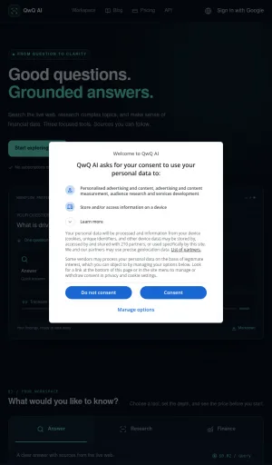 QwQ AI Search and Financial Research Tool screenshot