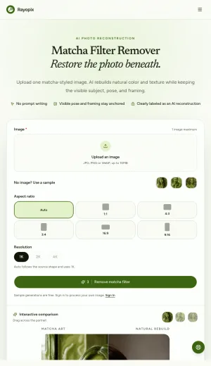 Rayopix AI Matcha Filter Remover and Photo Reconstruction screenshot