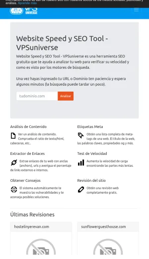 VPSuniverse Website Speed and SEO Analysis Tool screenshot