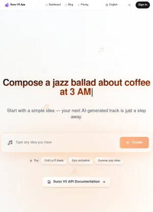 Suno V5 AI Music Generator and API Platform screenshot