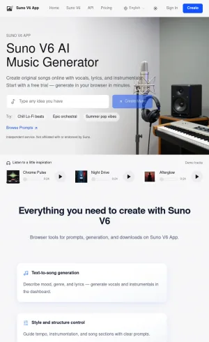 Suno V6 AI Music Generator for Online Song Creation screenshot