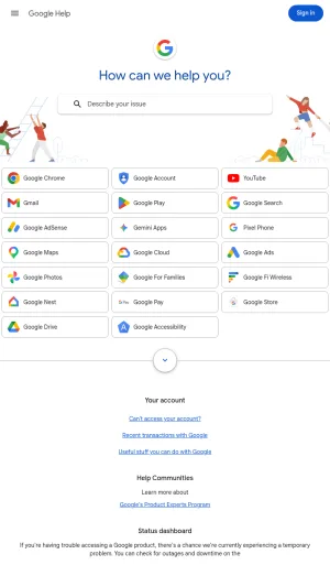 Google Product Support and Account Help Center screenshot