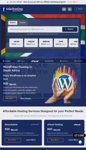 South African Web Hosting and Domain Services screenshot