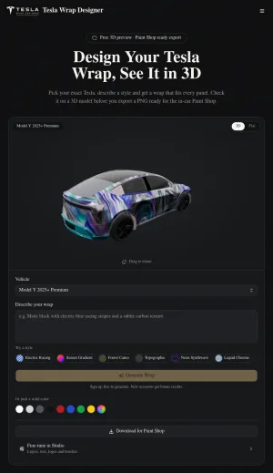 Tesla Wrap Designer for AI Custom Vehicle Wrap Concepts screenshot