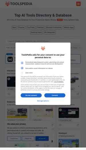 ToolsPedia AI Tools Directory and Database screenshot