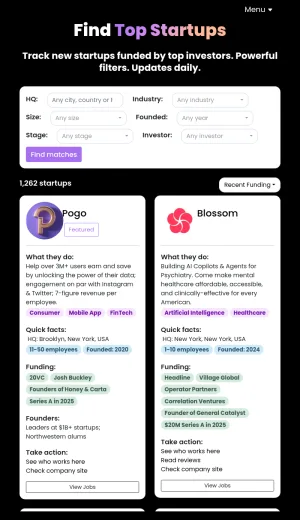 Top Startups Hiring and Recently Funded Companies Directory screenshot