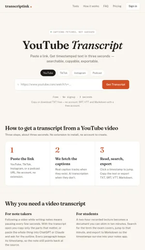 TranscriptInk Video Transcript and Subtitle Export Tool screenshot