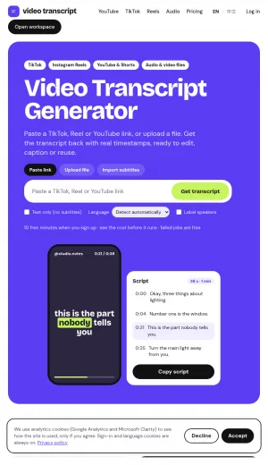 Video Transcript Generator for Timed Transcripts and Captions screenshot